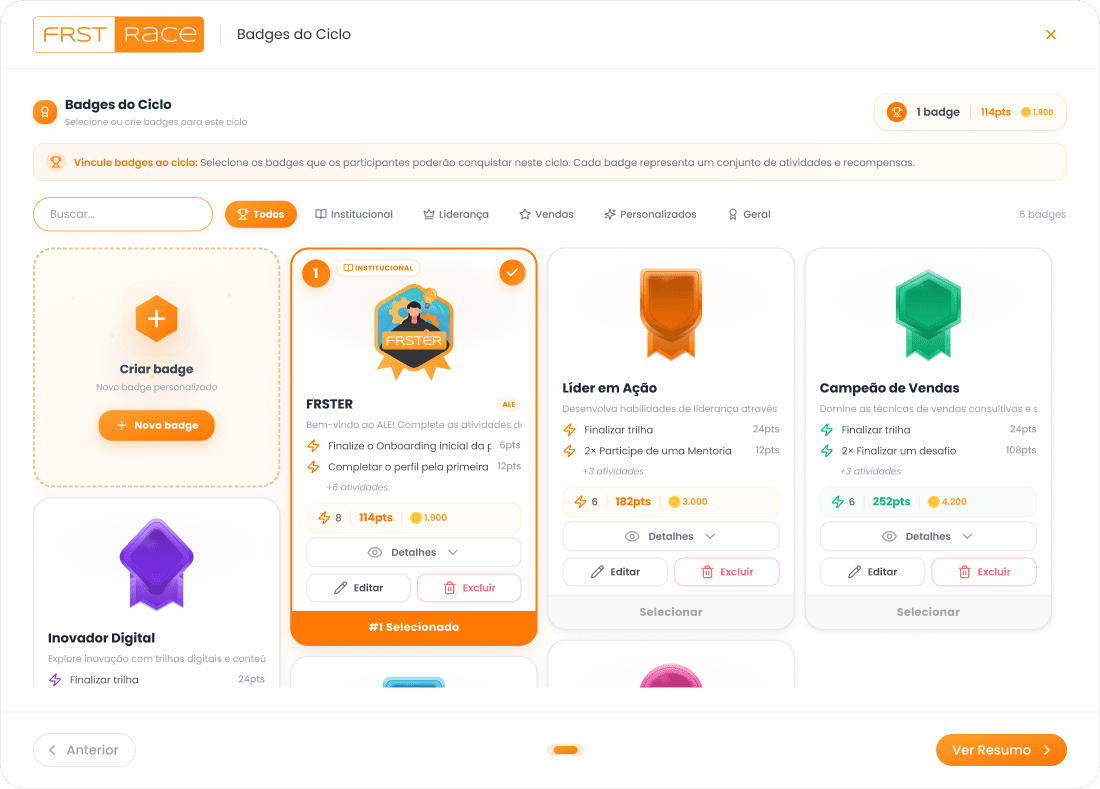 FRST Race: badges do ciclo com pontuação e recompensas